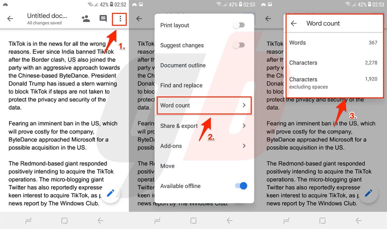 How to check word count in Google Docs on Android Phones